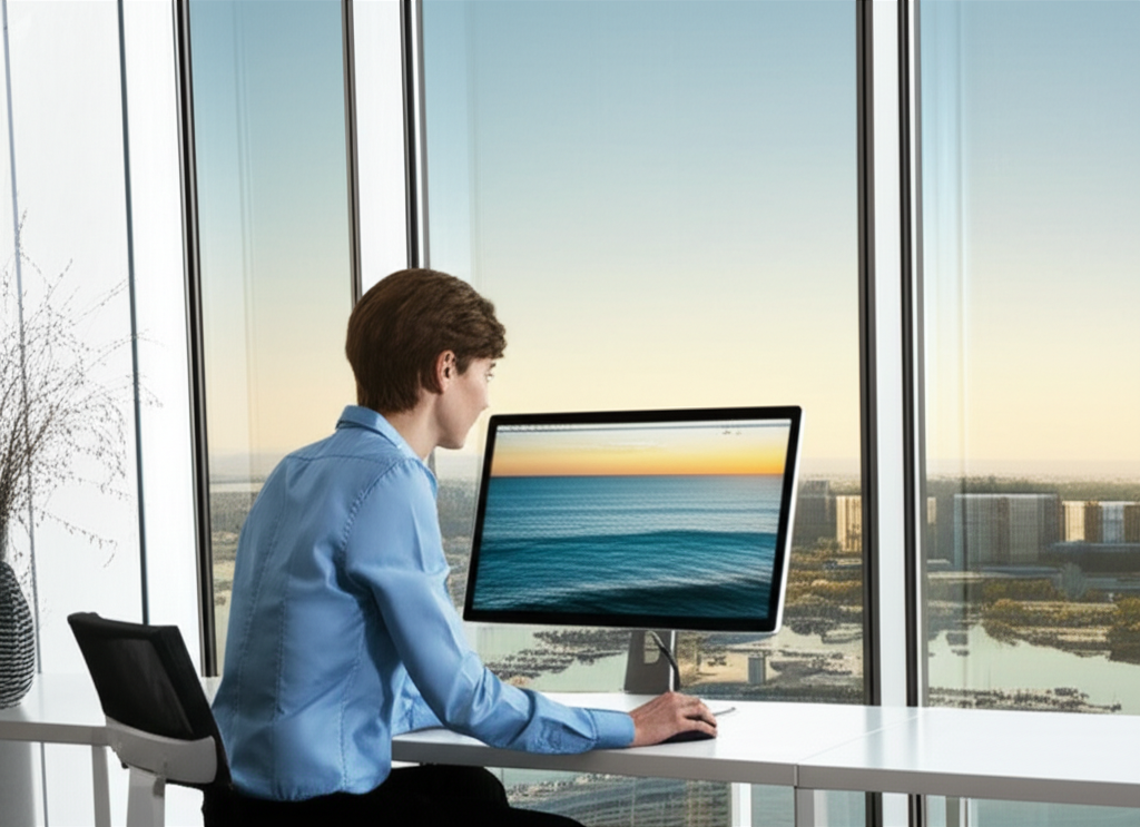 Anti-glare window film demonstration showing before and after screen visibility in modern office
